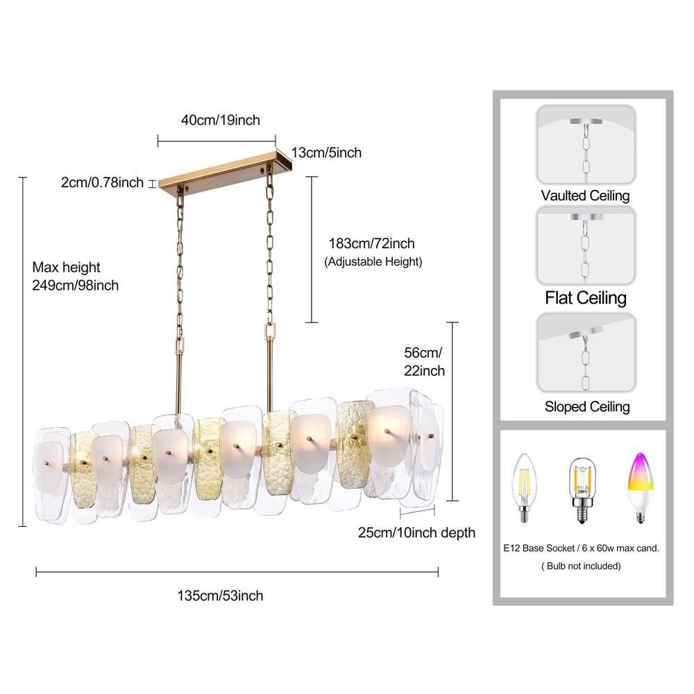 Arabela Lighting 85203-6 Lacquered Gold 53'' Strata Linear  Chandelier In Lacquered Gold With Layers Of Clear, Frosted, And Gold-leafed Glass Image 2