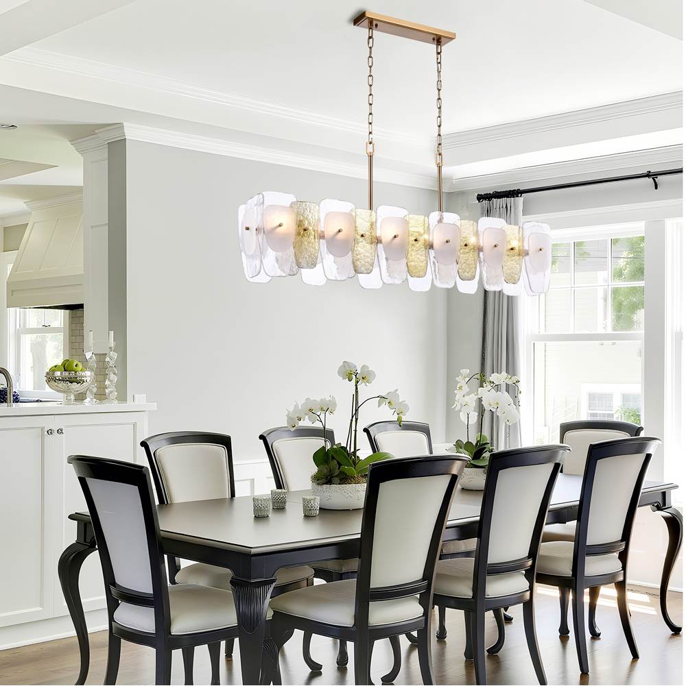 Arabela Lighting 85203-6 Lacquered Gold 53'' Strata Linear  Chandelier In Lacquered Gold With Layers Of Clear, Frosted, And Gold-leafed Glass Image 3