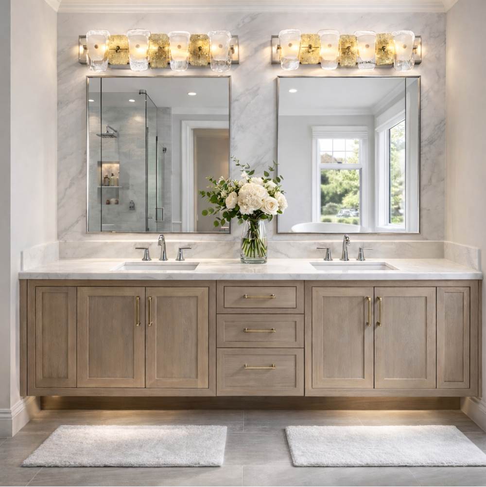 Arabela Lighting 85206-4 Lacquered Gold 29'' Strata Vanity  In Lacquered Gold With Layers Of Clear, Frosted, And Gold-leafed Glass Image 3