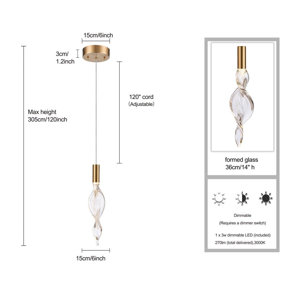 Arabela Lighting 85211-1 Natural Brass 14'' Aurora Pendant In  Natural Brass With Clear Hand-formed Corkscrew Glass Image 2