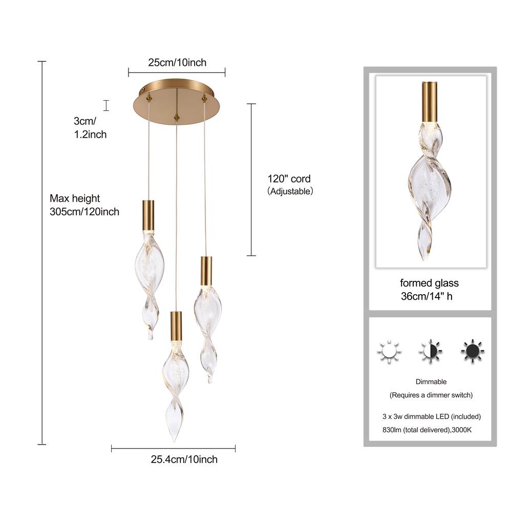 Arabela Lighting 85212-3 Natural Brass 10'' Aurora Pendant In  Natural Brass With Clear Hand-formed Corkscrew Glass Image 2