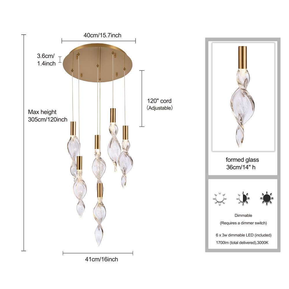 Arabela Lighting 85213-6 Natural Brass 16'' Aurora Pendant In  Natural Brass With Clear Hand-formed Corkscrew Glass Image 2