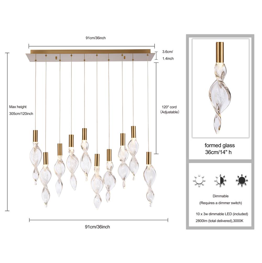 Arabela Lighting 85215-10 Natural Brass 36'' Aurora Linear Pendant In  Natural Brass With Clear Hand-formed Corkscrew Glass Image 2