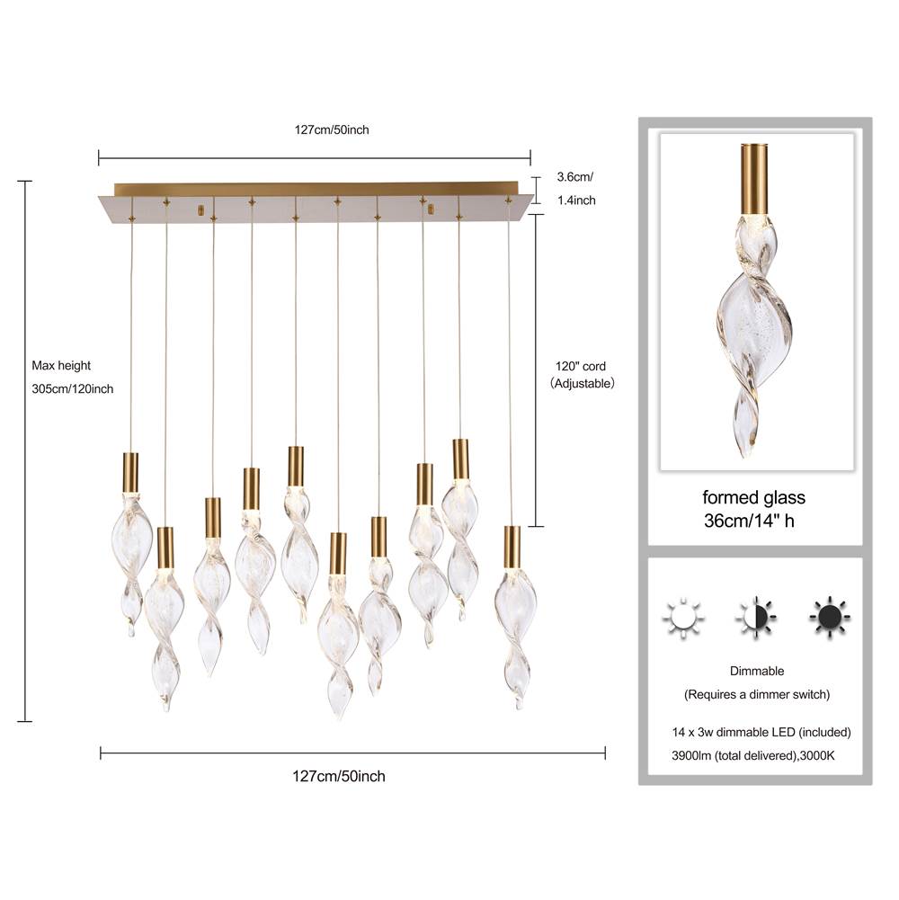 Arabela Lighting 85216-14 Natural Brass 50'' Aurora Linear Pendant In  Natural Brass With Clear Hand-formed Corkscrew Glass Image 2