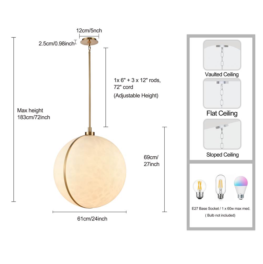 Arabela Lighting 85223-1 Lacquered Gold 26.5'' Lumis Pendant In Lacquered Gold  With  Faux Alabaster Shade Image 2