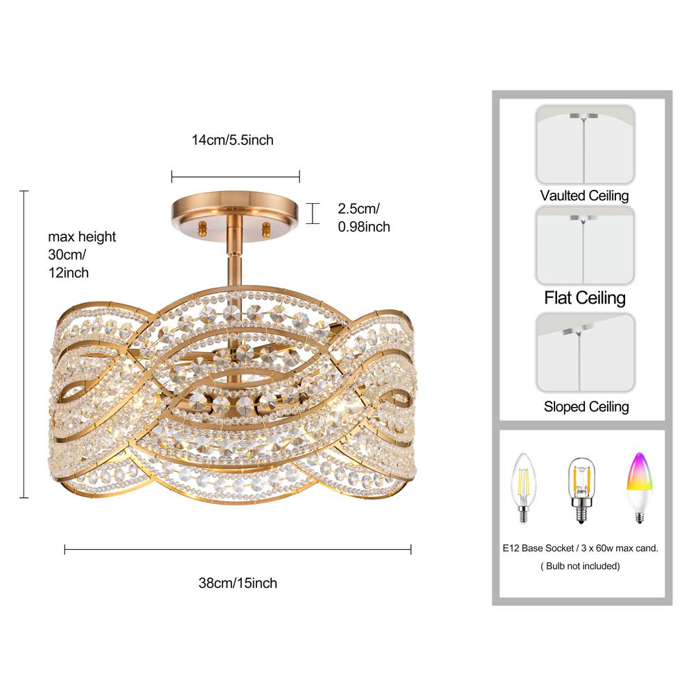 Arabela Lighting 85235-4 Lacquered Gold 12'' Anatasia Semi Flush In Lacquered Gold  With  Clear Crystal Filigree Image 2