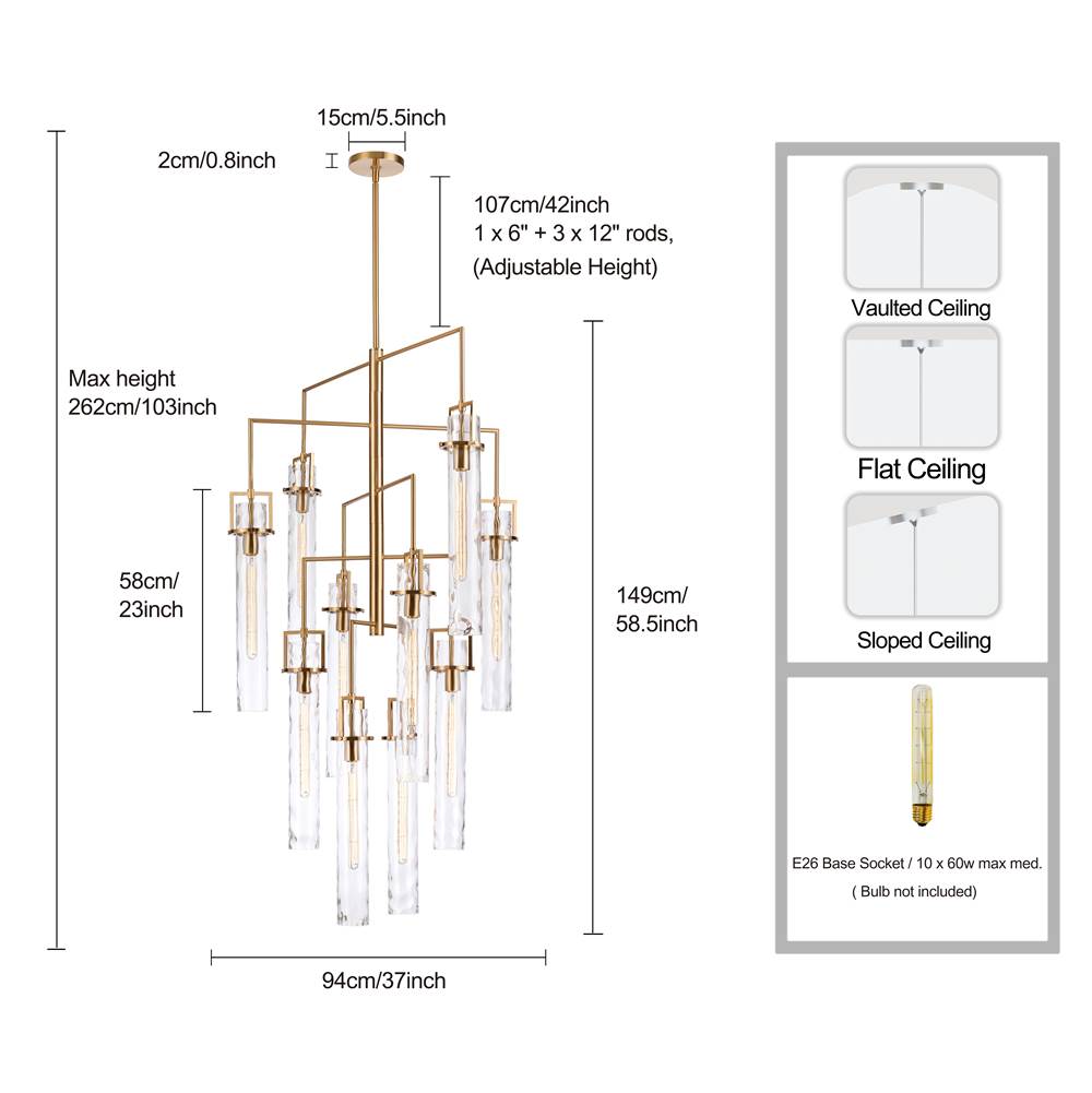 Arabela Lighting 85243-10 Lacquered Gold 58'' Jayden Chandelier In  Lacquered Gold  With  Slender Water Glass Image 2