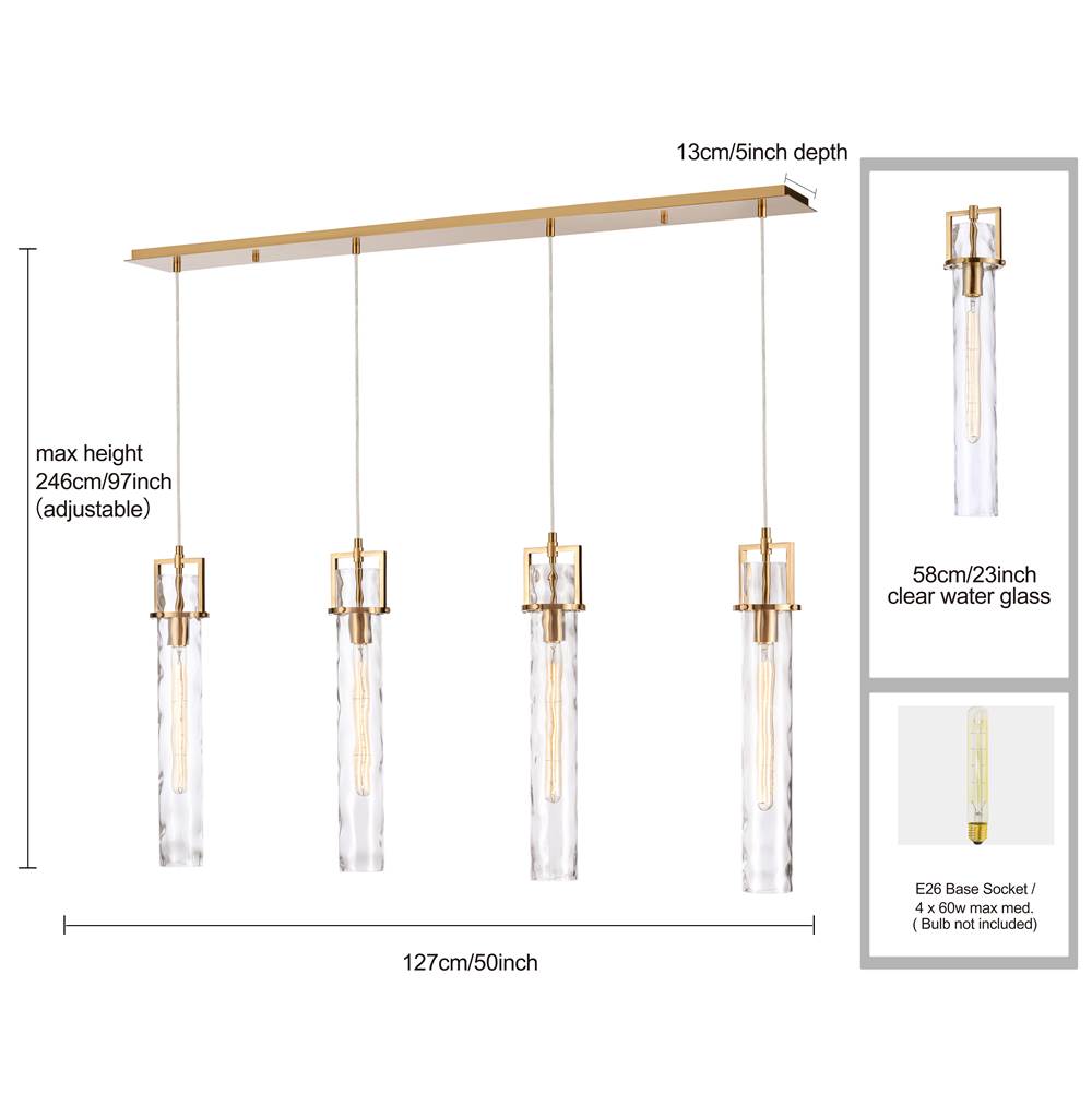 Arabela Lighting 85245-4 Lacquered Gold 50'' Jayden Linear Chandelier In  Lacquered Gold  With  Slender Water Glass Image 2