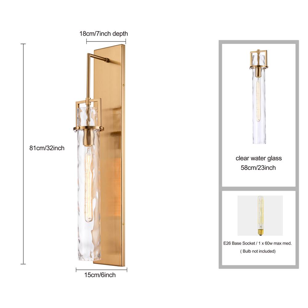 Arabela Lighting 85247-1 Lacquered Gold 31.5'' Jayden Wall Sconce  In  Lacquered Gold  With  Slender Water Glass Image 2