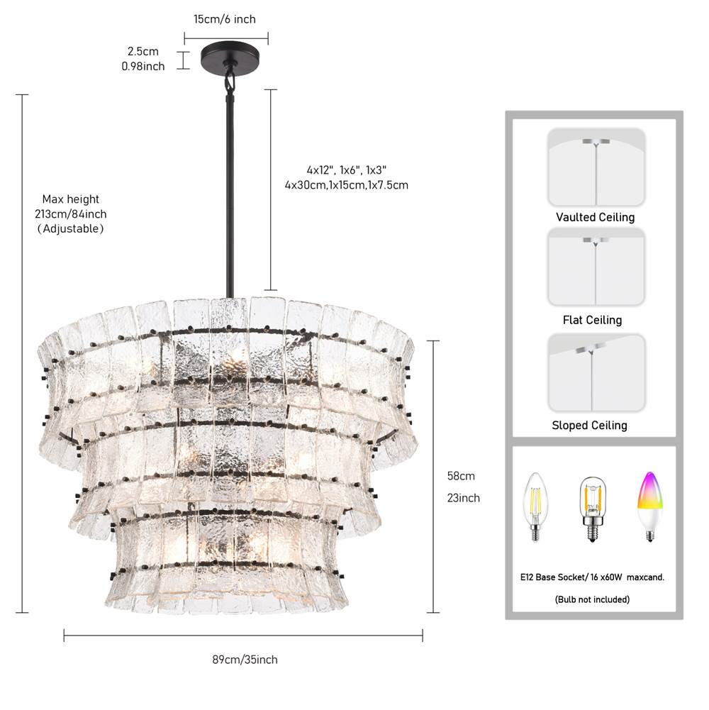 Arabela Lighting 85250-16 Matte Black 35.5'' Sophie Pendant In Matte Black With Textured Rectangular Glass Panels Image 2