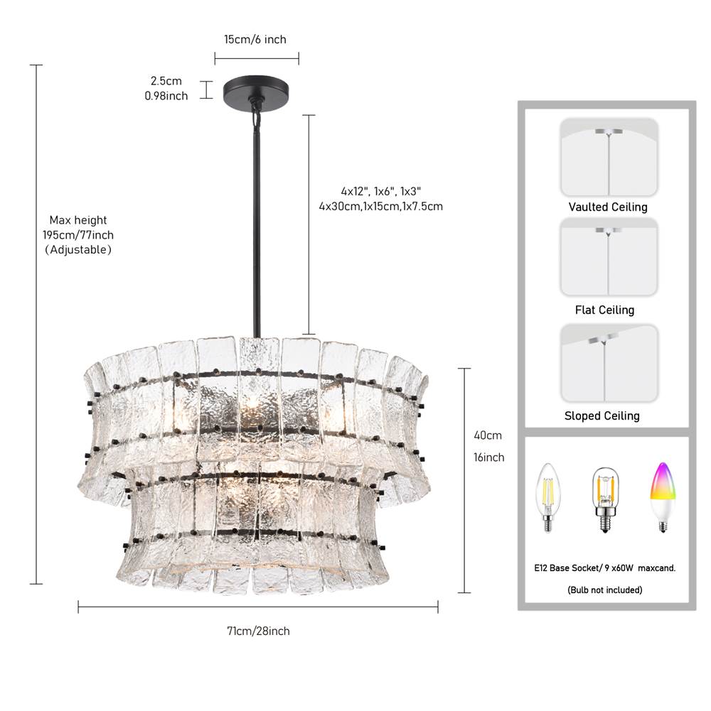 Arabela Lighting 85251-9 Matte Black 28'' Sophie Pendant In Matte Black With Textured Rectangular Glass Panels Image 2