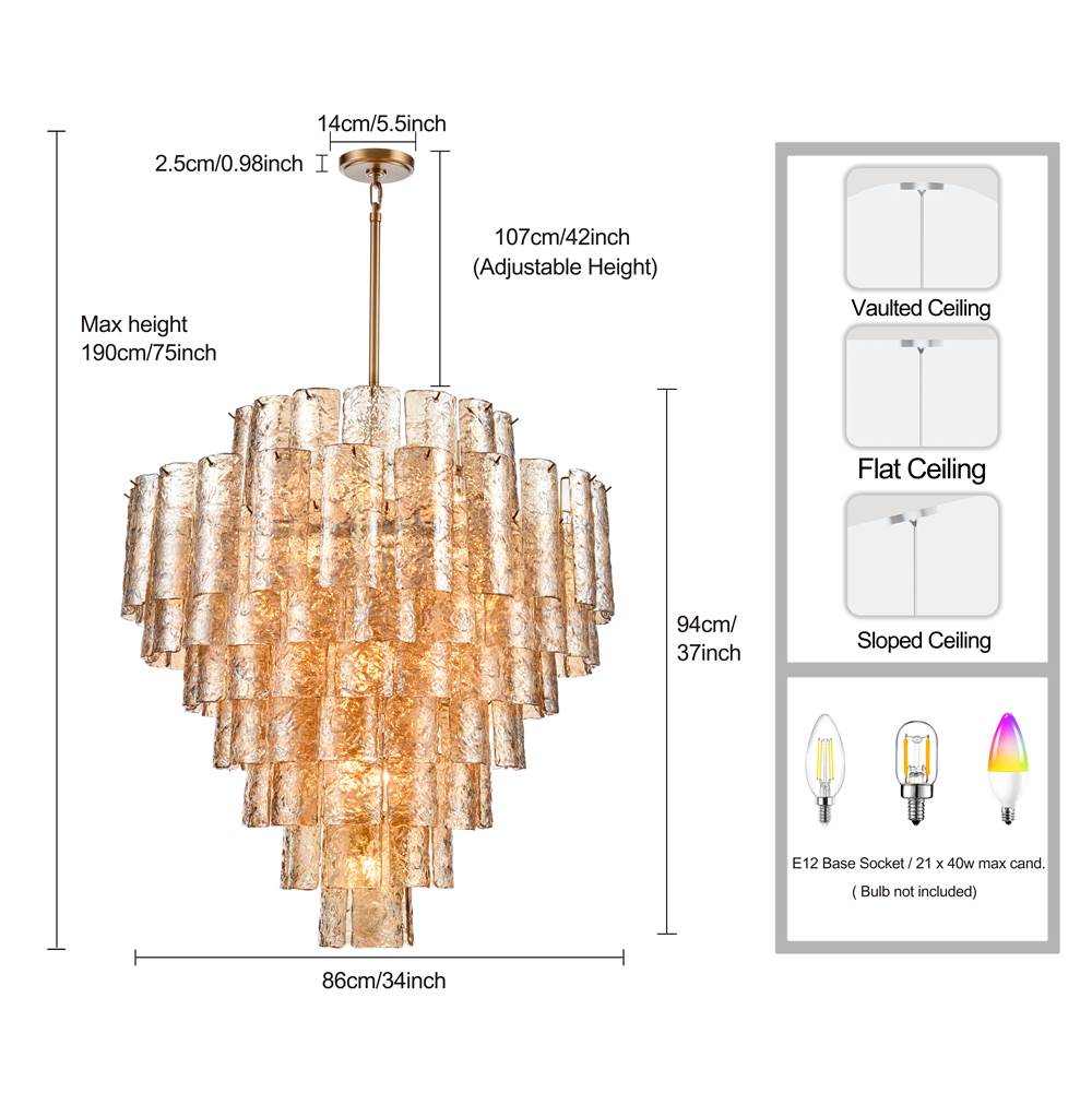 Arabela Lighting 85263-21 Lacquered Gold 37''  Fire And Ice  Chandelier In Lacquered Gold With Textured Champagne Glass Image 2