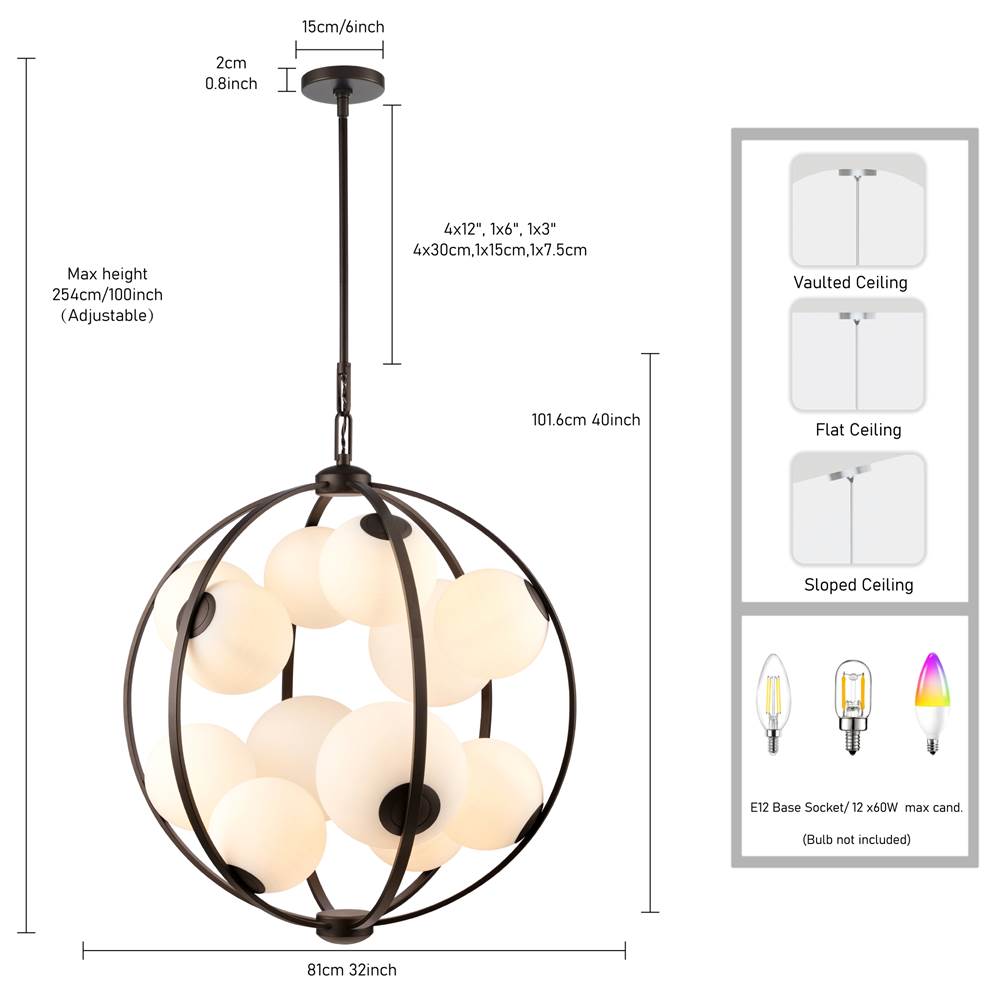 Arabela Lighting 85270-12 Dark Bronze 32'' Concentra Pendant In Dark Bronze With Striated White Glass Globes Image 2