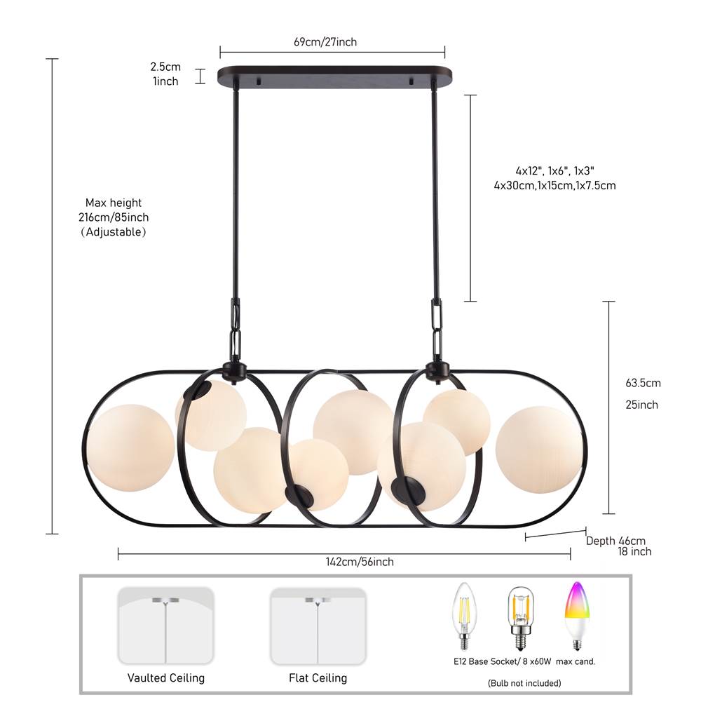 Arabela Lighting 85273-8 Dark Bronze 56'' Concentra Linear Chandelier In Dark Bronze With Striated White Glass Globes Image 2