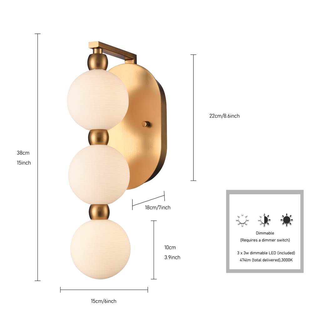 Arabela Lighting 85288-3 Satin Brass 15.25''  Mod Sconce In Satin Brass With White Striated Glass Globes Image 2