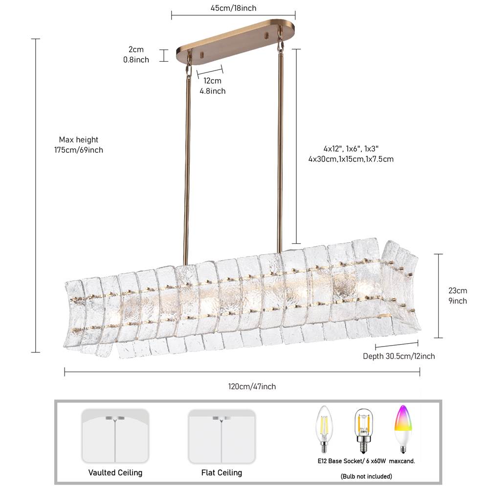 Arabela Lighting 85354-6 Lacquered Gold 47'' Sophie Linear Chandelier In Lacquered Gold With Textured Rectangular Glass Panels Image 2