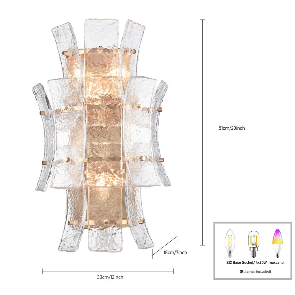 Arabela Lighting 85356-4 Lacquered Gold 19.75'' Sophie Sconce In Lacquered Gold With Textured Rectangular Glass Panels Image 2