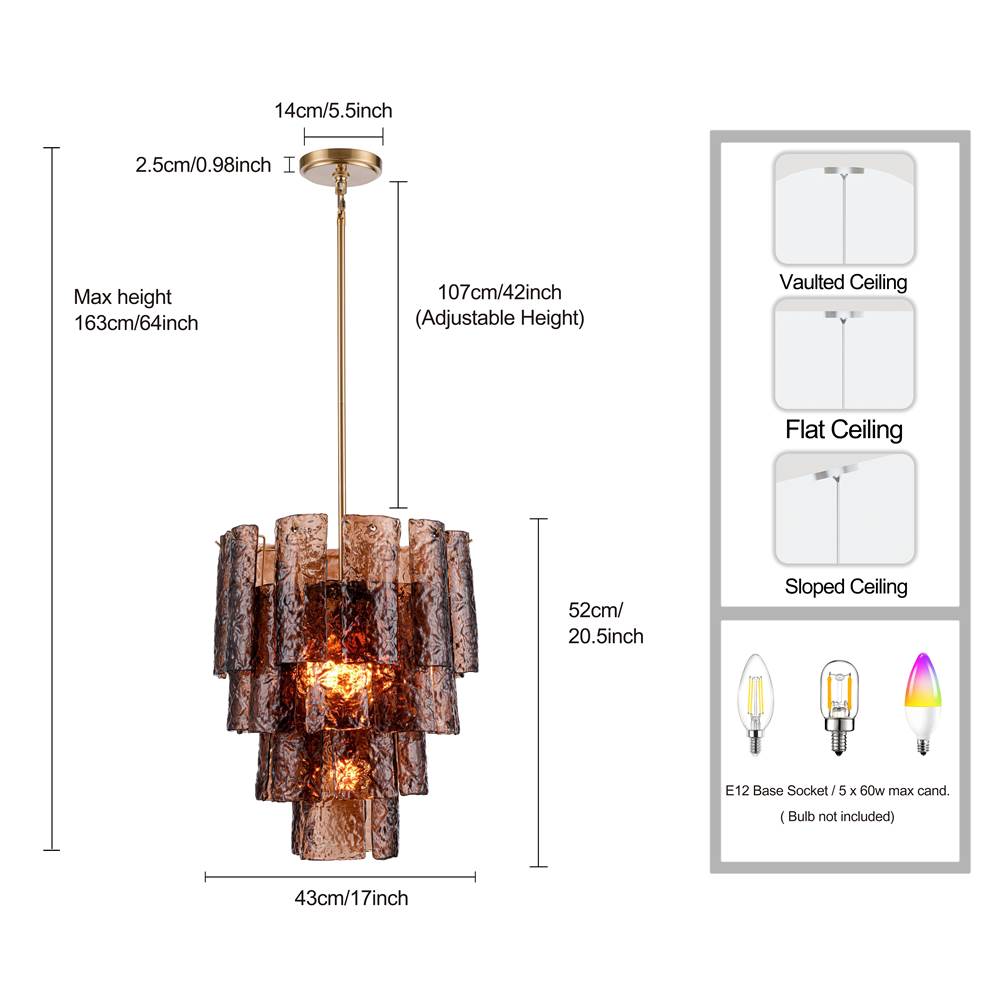 Arabela Lighting 85361-5 Lacquered Gold 21''  Fire And Ice  Chandelier In Lacquered Gold With Textured Dark Amber Glass Image 2