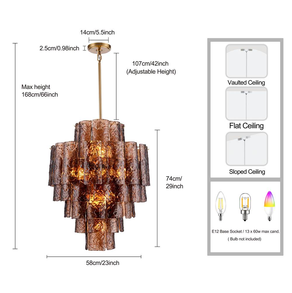 Arabela Lighting 85362-13 Lacquered Gold 29''  Fire And Ice  Chandelier In Lacquered Gold With Textured Dark Amber Glass Image 2