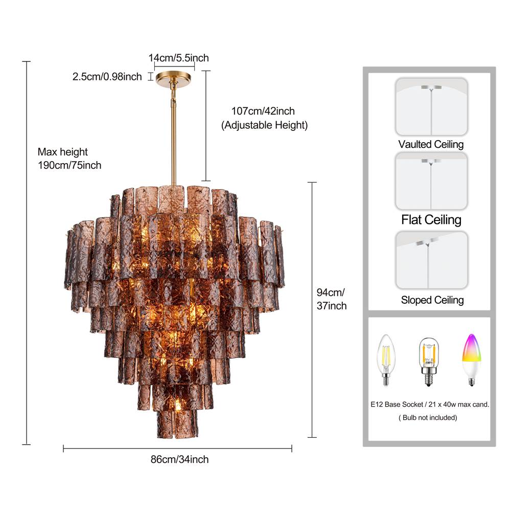 Arabela Lighting 85363-21 Lacquered Gold 37''  Fire And Ice  Chandelier In Lacquered Gold With Textured Dark Amber Glass Image 2