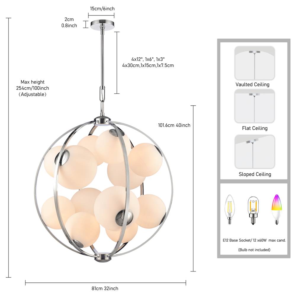 Arabela Lighting 85370-12 Polished Chrome 32'' Concentra Pendant In Polished Chrome With Striated White Glass Globes Image 2