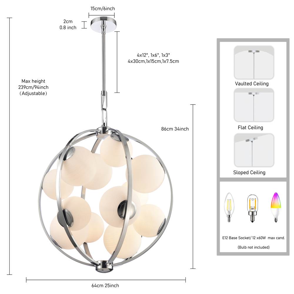 Arabela Lighting 85371-12 Polished Chrome 25'' Concentra Pendant In Polished Chrome With Striated White Glass Globes Image 2