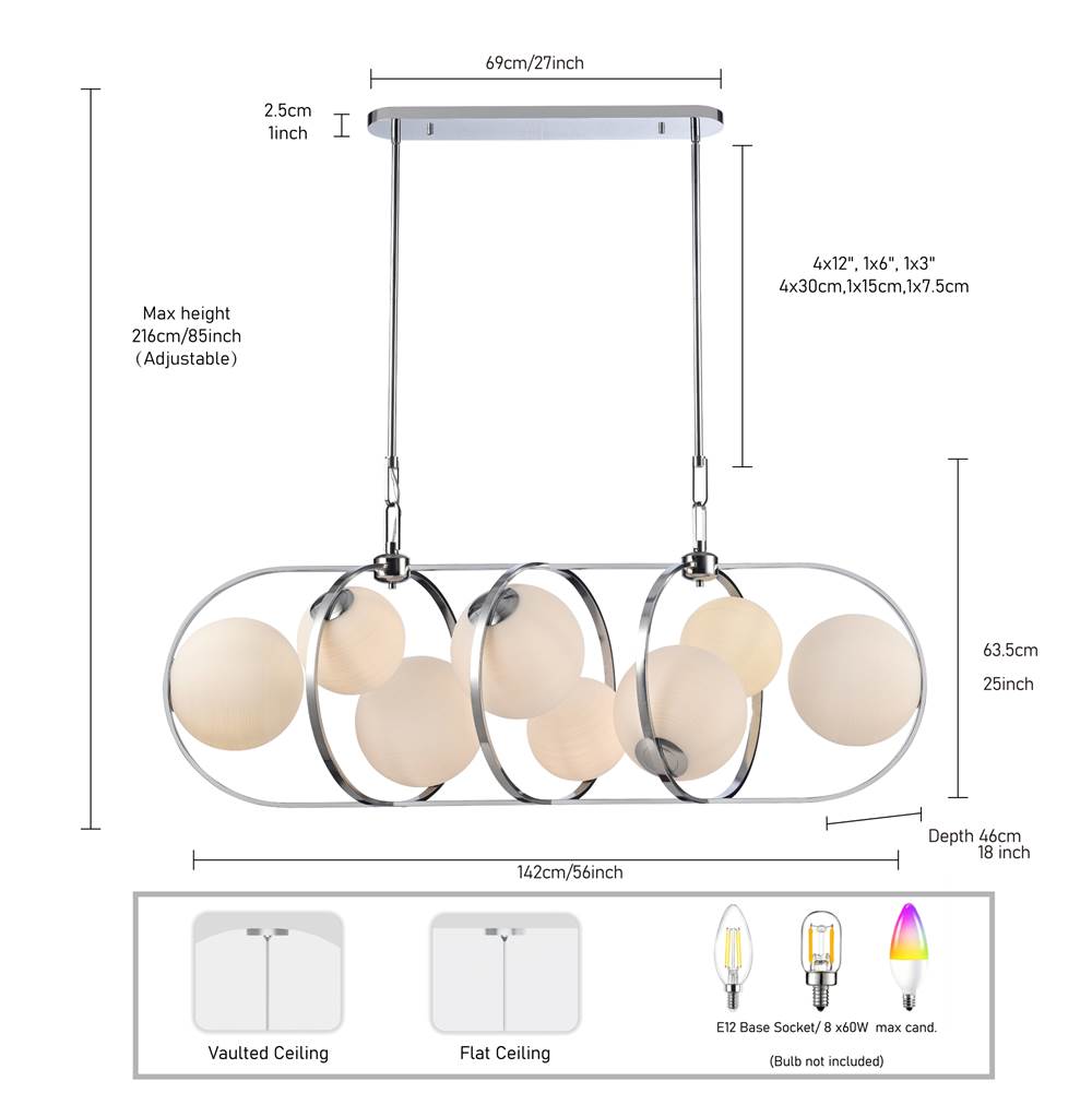 Arabela Lighting 85373-8 Polished Chrome 56'' Concentra Linear Chandelier In Polished Chrome With Striated White Glass Globes Image 2