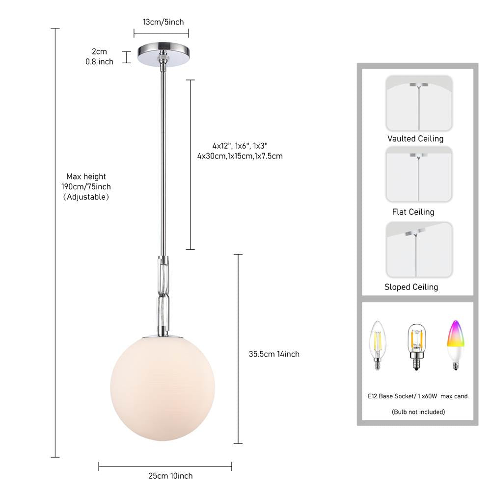 Arabela Lighting 85375-1 Polished Chrome 10'' Concentra Pendant In Polished Chrome With Striated White Glass Globes Image 2