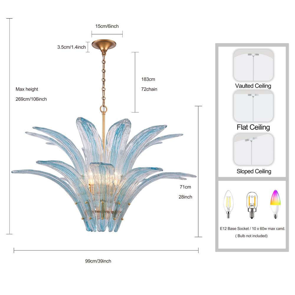 Arabela Lighting 85390-10 Antique Gold Leaf 39.5'' Fiore Pendant In Antique Gold Leaf With Textured Carribean Blue Glass Image 2