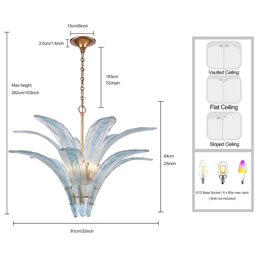 Arabela Lighting 85391-6 Antique Gold Leaf 32.25'' Fiore Pendant In Antique Gold Leaf With Textured Carribean Blue Glass Image 2