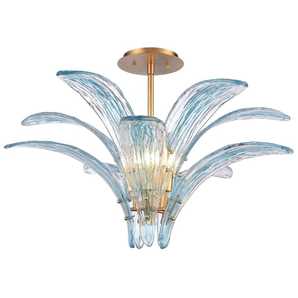 Arabela Lighting 85394-5 Antique Gold Leaf 33'' Fiore Semi Flush In Antique Gold Leaf With Textured Carribean Blue Glass Image 1