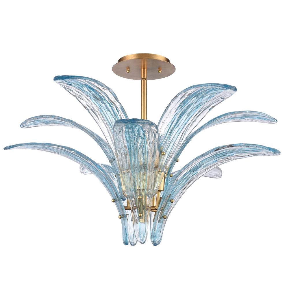Arabela Lighting 85394-5 Antique Gold Leaf 33'' Fiore Semi Flush In Antique Gold Leaf With Textured Carribean Blue Glass Image 6