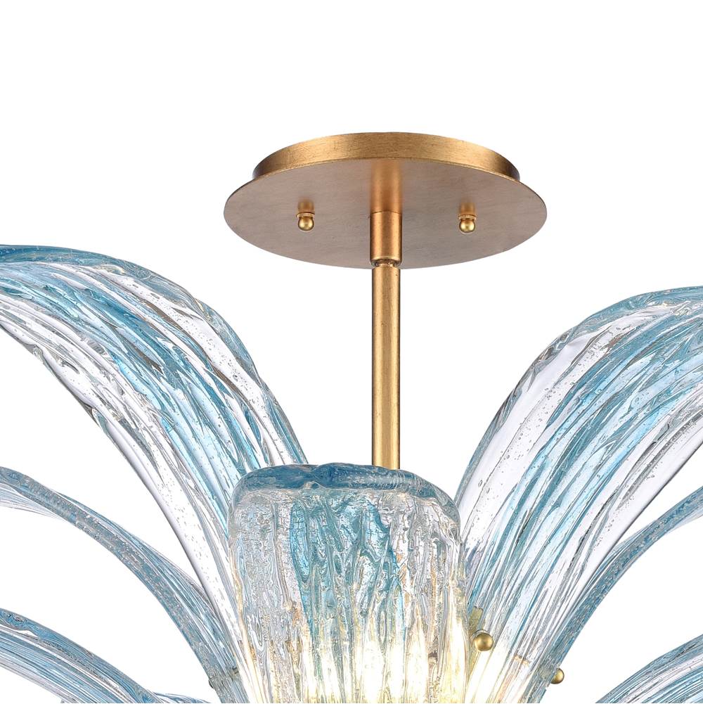 Arabela Lighting 85394-5 Antique Gold Leaf 33'' Fiore Semi Flush In Antique Gold Leaf With Textured Carribean Blue Glass Image 5