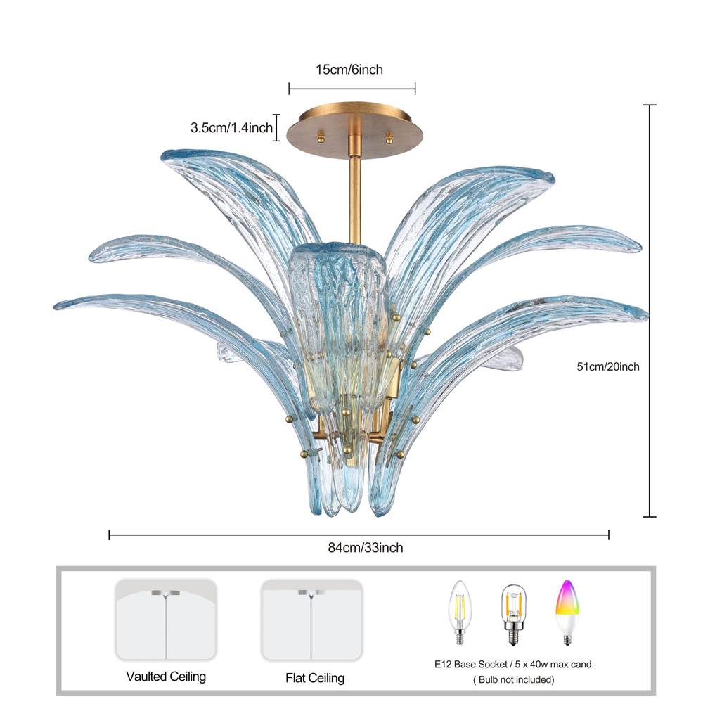 Arabela Lighting 85394-5 Antique Gold Leaf 33'' Fiore Semi Flush In Antique Gold Leaf With Textured Carribean Blue Glass Image 2