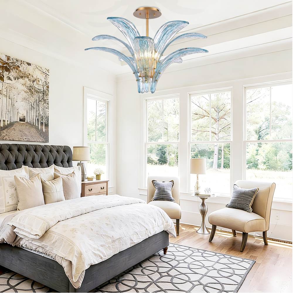 Arabela Lighting 85394-5 Antique Gold Leaf 33'' Fiore Semi Flush In Antique Gold Leaf With Textured Carribean Blue Glass Image 3