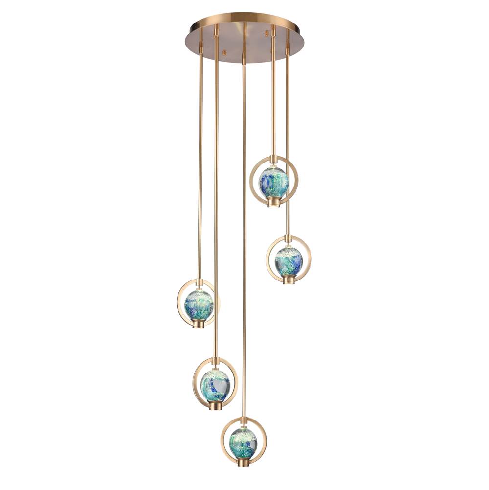 Arabela Lighting 85400-5 Lacquered Gold 16'' Utophia Pendant In Lacquered Gold With Blue Green Swirl Glass Globe Image 1