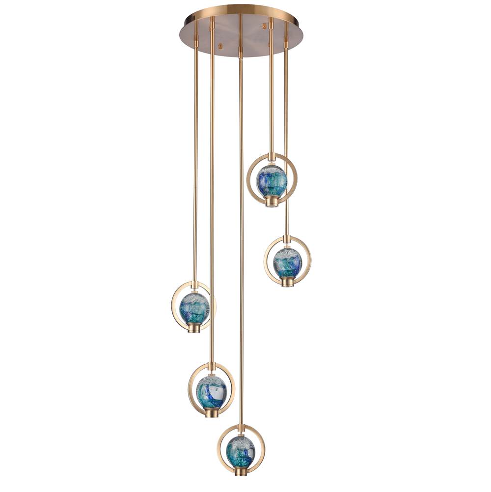 Arabela Lighting Utopia 16'' Utophia Pendant In Lacquered Gold With Blue Green Swirl Glass Globe