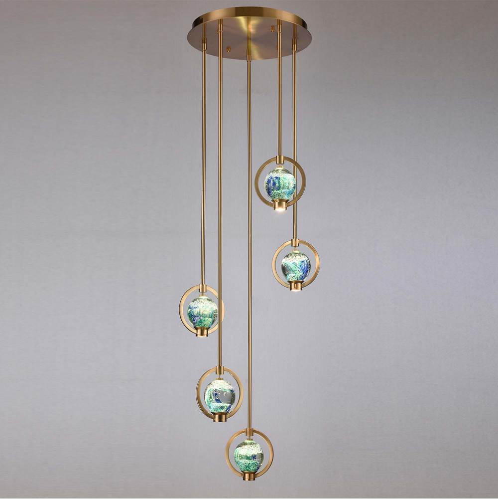 Arabela Lighting 85400-5 Lacquered Gold 16'' Utophia Pendant In Lacquered Gold With Blue Green Swirl Glass Globe Image 4