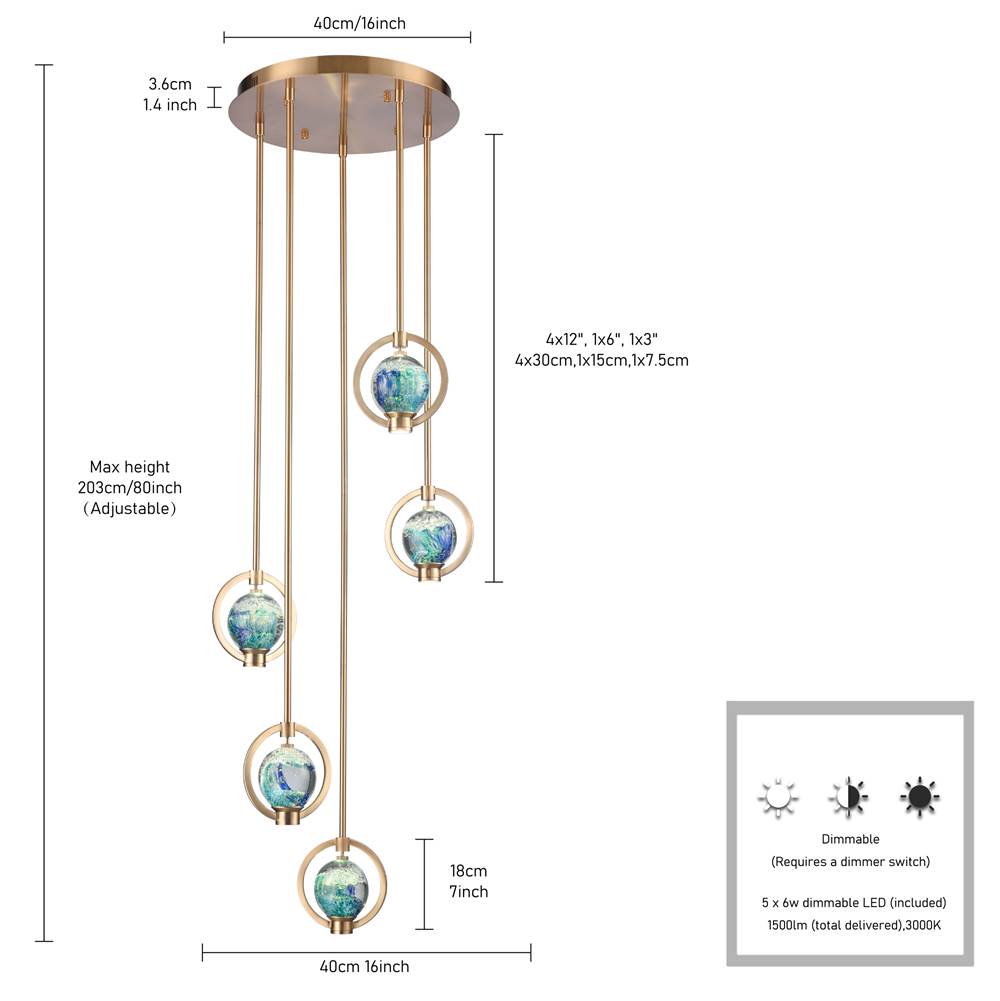 Arabela Lighting 85400-5 Lacquered Gold 16'' Utophia Pendant In Lacquered Gold With Blue Green Swirl Glass Globe Image 2