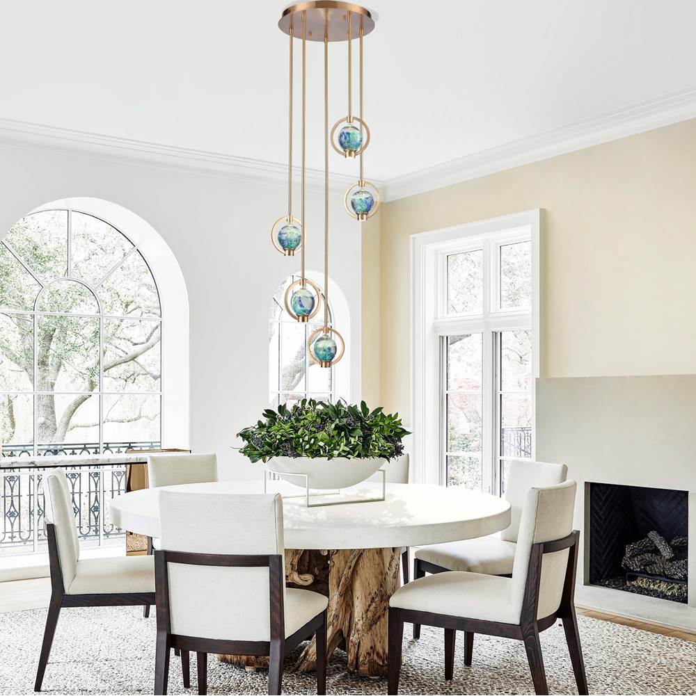 Arabela Lighting 85400-5 Lacquered Gold 16'' Utophia Pendant In Lacquered Gold With Blue Green Swirl Glass Globe Image 3