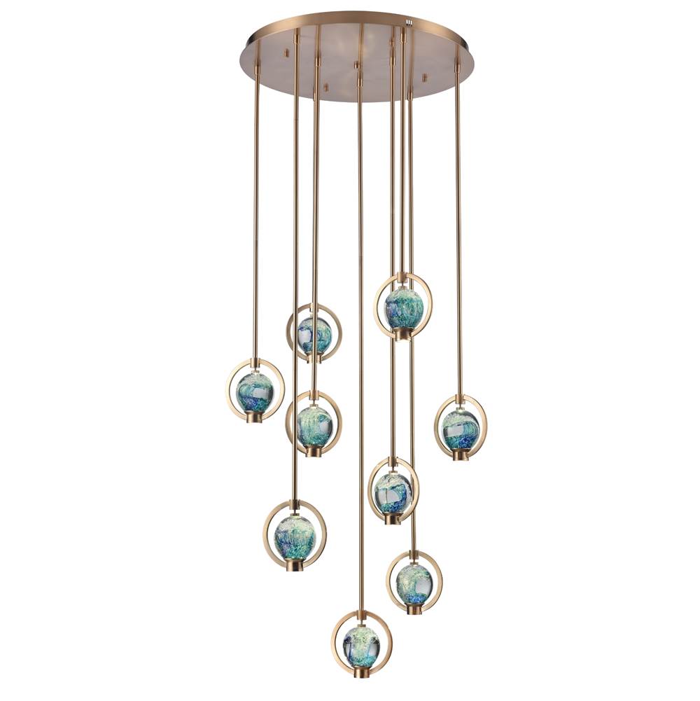 Arabela Lighting 85401-9 Lacquered Gold 24.5'' Utophia Pendant In Lacquered Gold With Blue Green Swirl Glass Globe Image 1