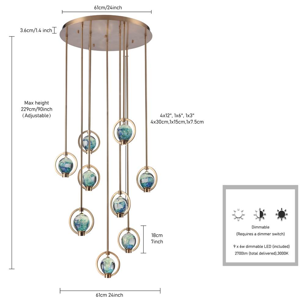 Arabela Lighting 85401-9 Lacquered Gold 24.5'' Utophia Pendant In Lacquered Gold With Blue Green Swirl Glass Globe Image 2