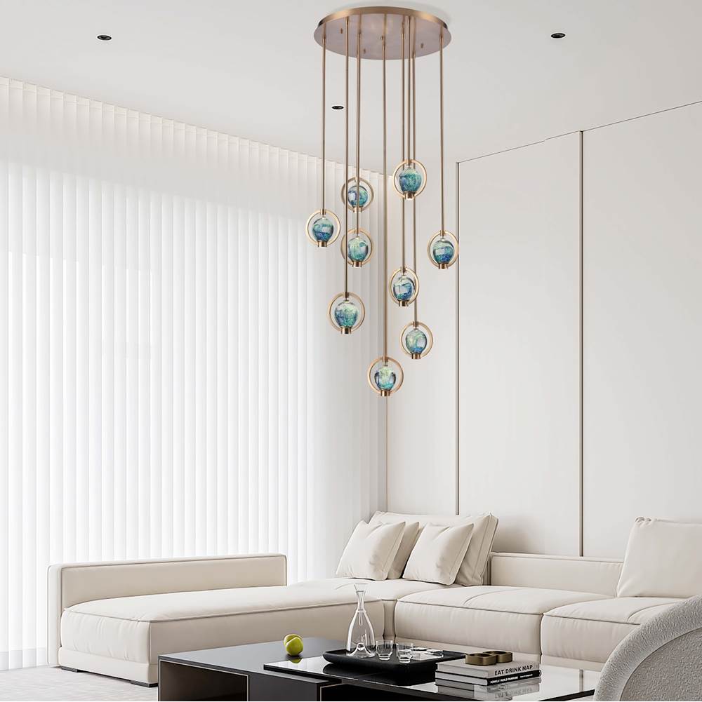 Arabela Lighting 85401-9 Lacquered Gold 24.5'' Utophia Pendant In Lacquered Gold With Blue Green Swirl Glass Globe Image 3