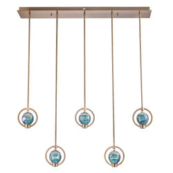 Arabela Lighting 85404-5 Lacquered Gold 43.25'' Utophia Linear Pendant In Lacquered Gold With Blue Green Swirl Glass Globe Image 1