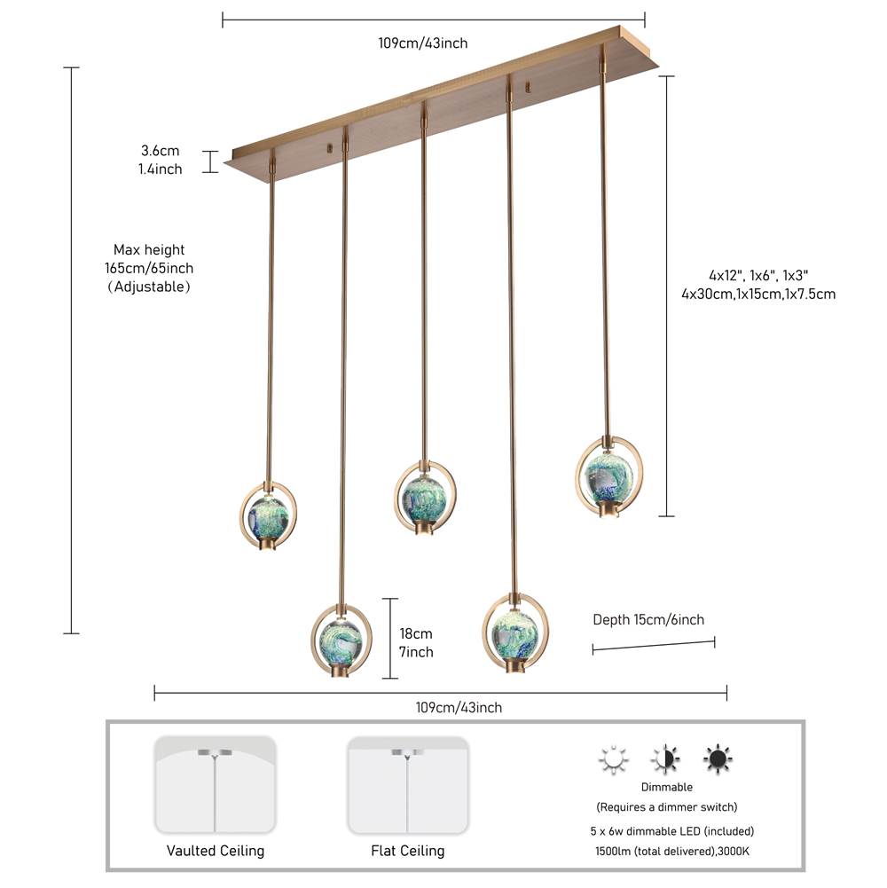 Arabela Lighting 85404-5 Lacquered Gold 43.25'' Utophia Linear Pendant In Lacquered Gold With Blue Green Swirl Glass Globe Image 2