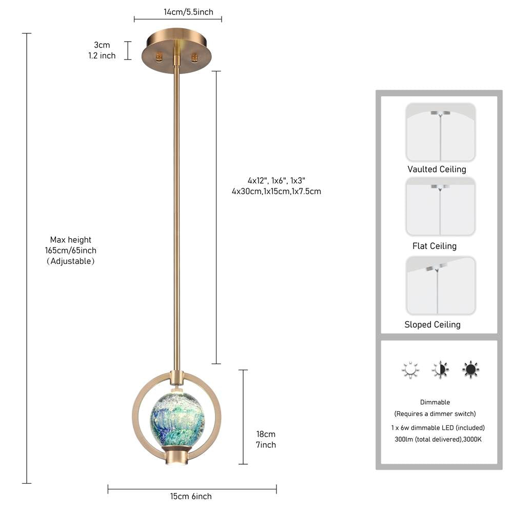 Arabela Lighting 85406-1 Lacquered Gold 6.5'' Utophia Pendant In Lacquered Gold With Blue Green Swirl Glass Globe Image 2