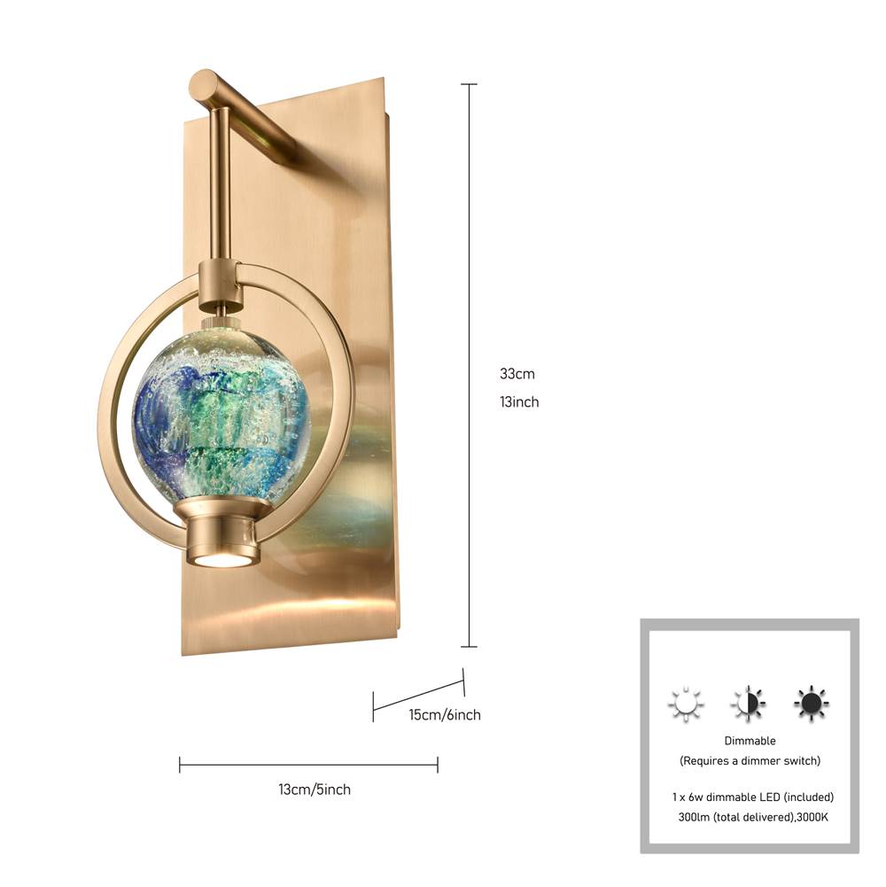 Arabela Lighting 85407-1 Lacquered Gold 13.25'' Utophia Sconce In Lacquered Gold With Blue Green Swirl Glass Globe Image 2