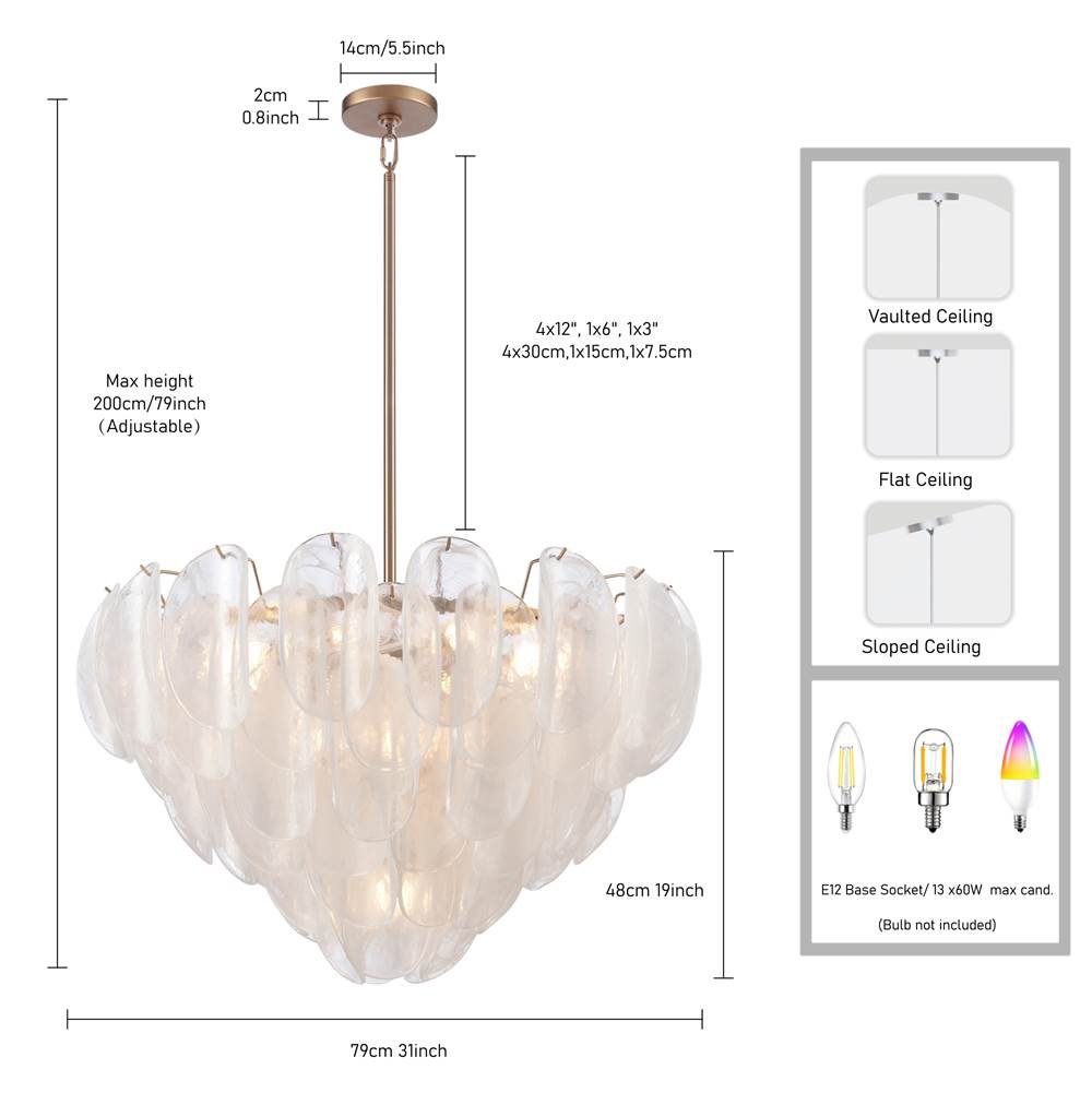 Arabela Lighting 85411-13 Satin Brass 31.5'' Chateau Pendant In Satin Brass With Curved Arctic Mist Glass Image 2