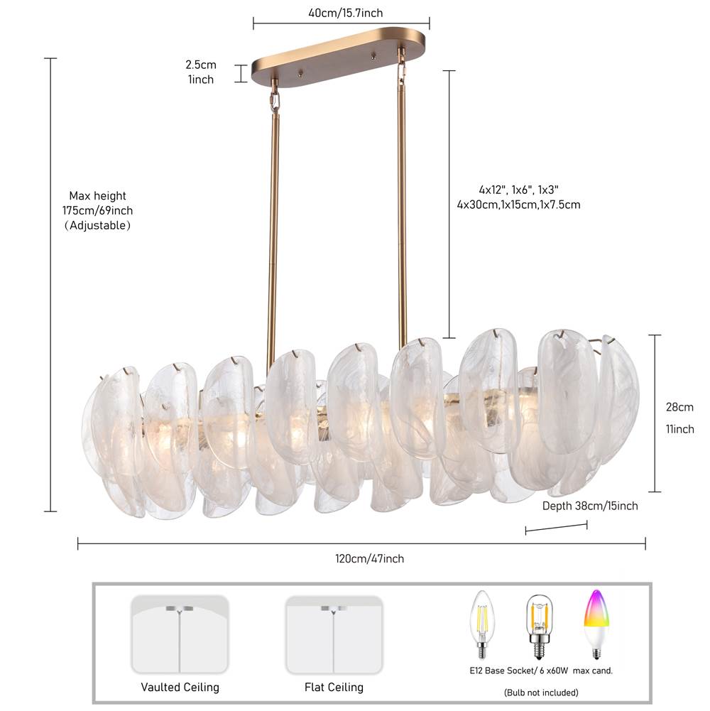 Arabela Lighting 85413-6 Satin Brass 47.25'' Chateau Linear Chandelier In Satin Brass With Curved Arctic Mist Glass Image 2