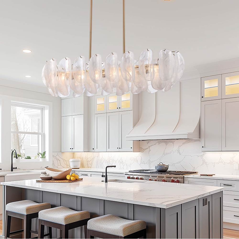 Arabela Lighting 85413-6 Satin Brass 47.25'' Chateau Linear Chandelier In Satin Brass With Curved Arctic Mist Glass Image 3